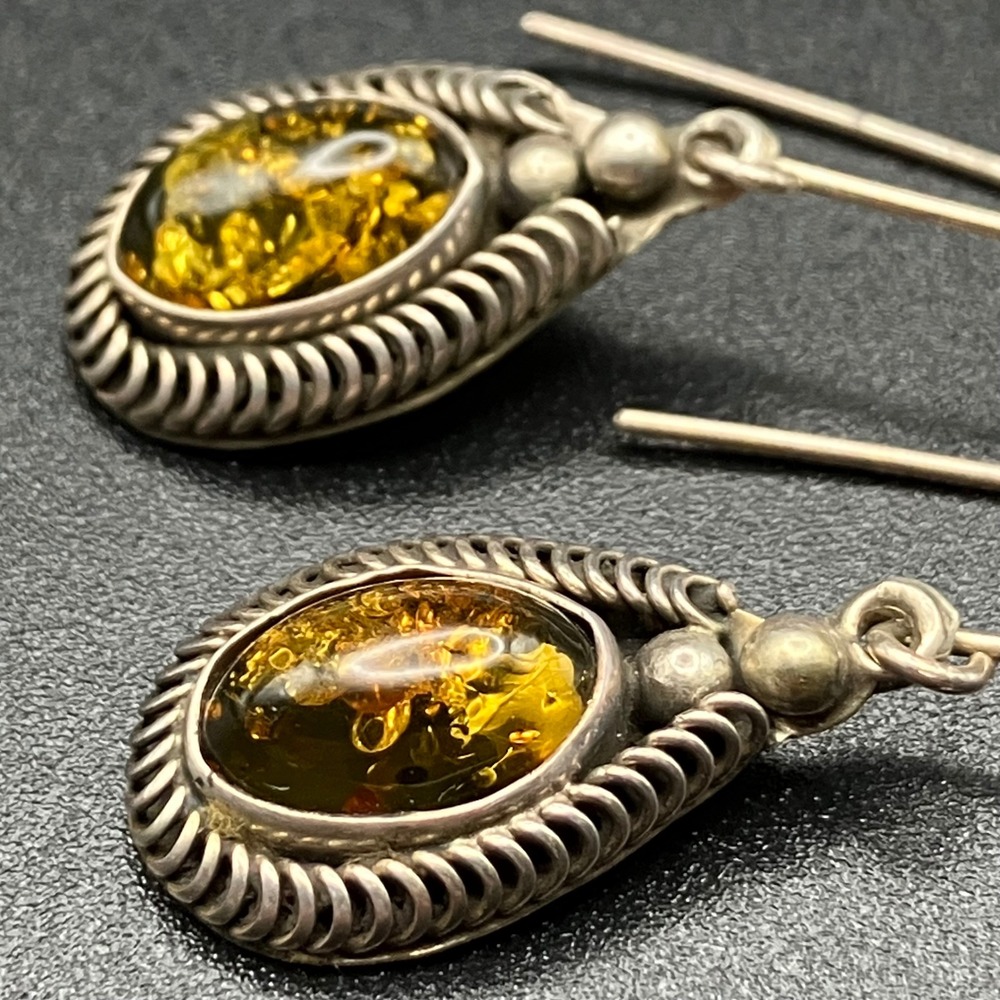 Artisan Sterling Silver Green Amber Dangle Earrings Rope Coil Detail  Boho - Picture 3 of 9